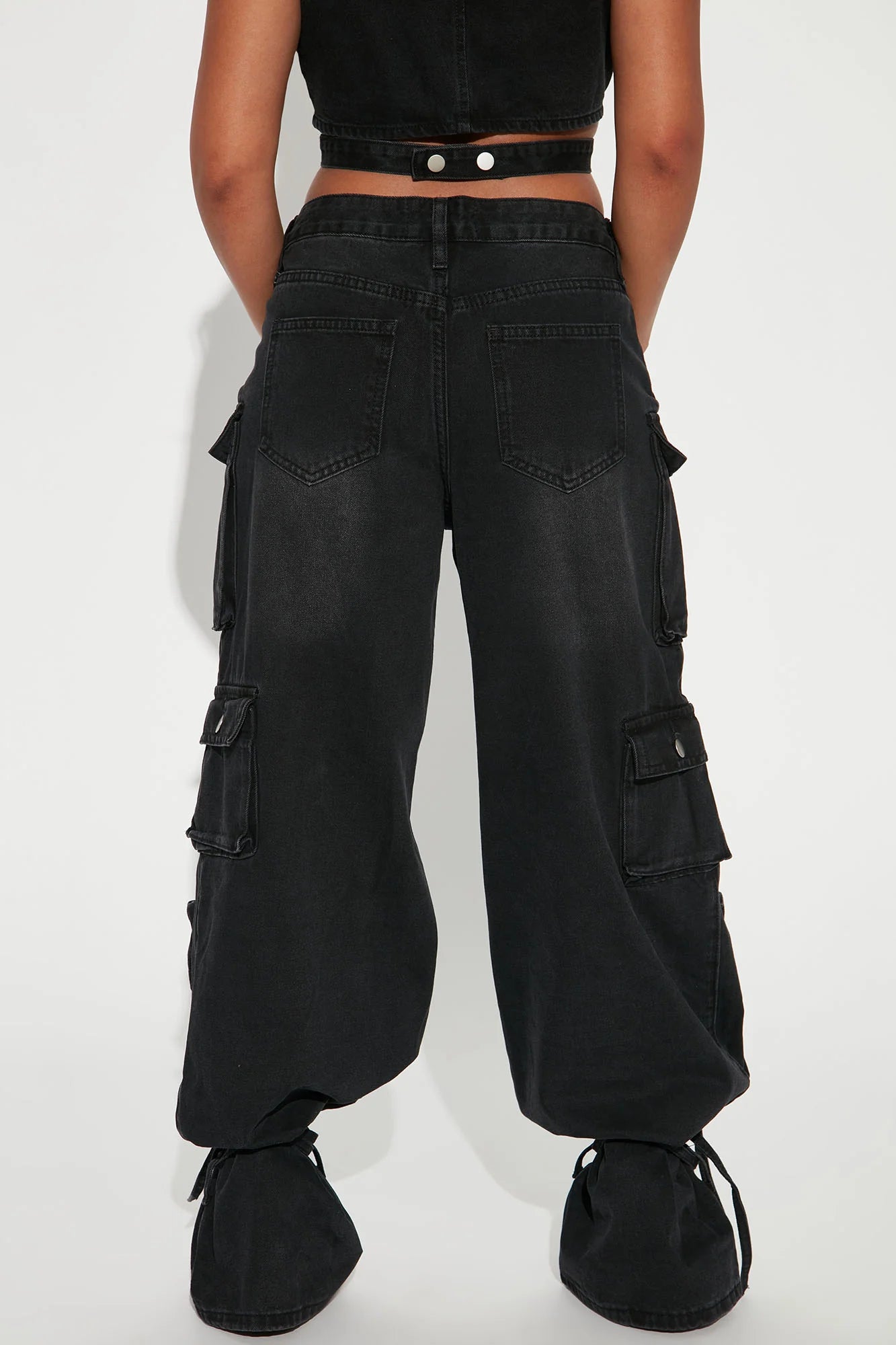 Billie Ripped Ankle Tie Cargo Jeans - Black