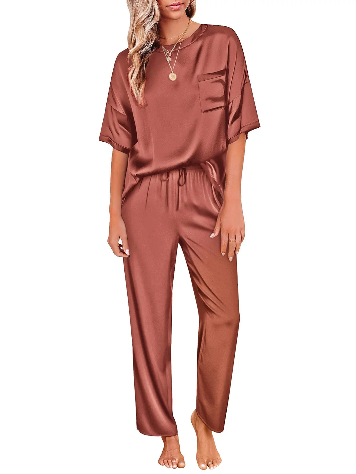 Womens Silk Satin Pajama Set Short Sleeve Shirt with Long Pajama Pant Set Two-Piece Pj Sets Soft Sleepwear Loungewear Nightwear Button-Down Pjs S-XL, Caramel, M