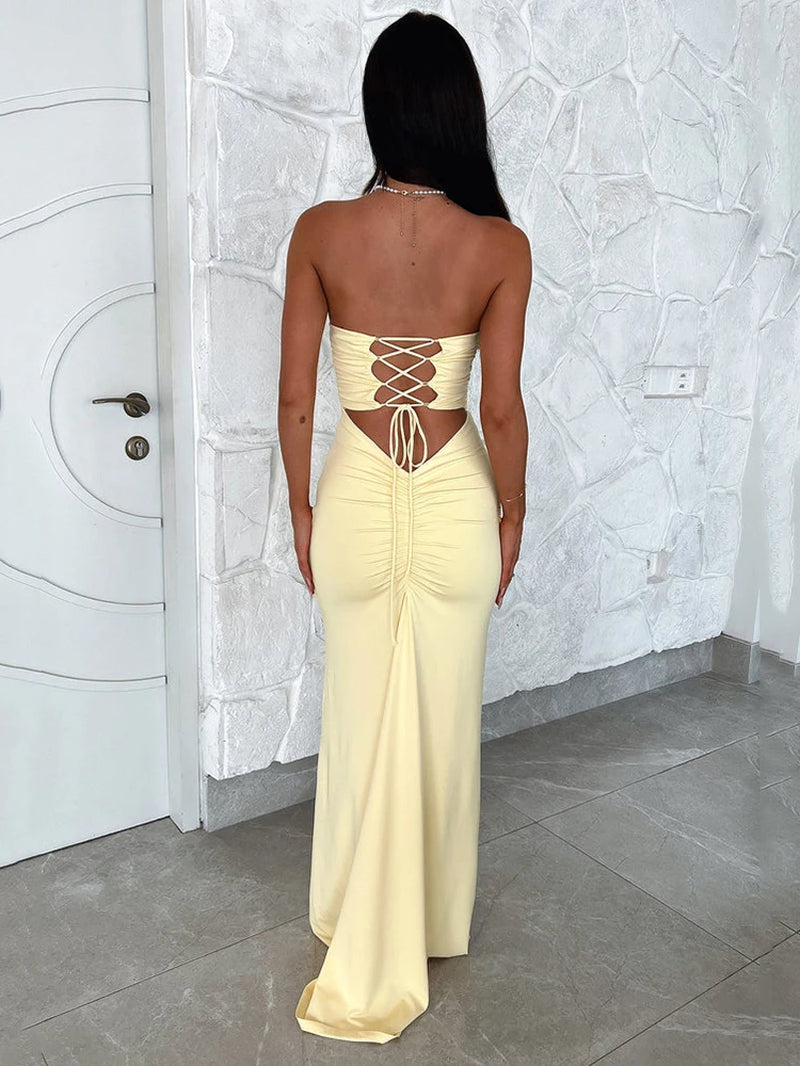 Strapless Backless Lace-Up Maxi Dress for Women Summer New Off-Shoulder Sleeveless Bodycon Club Party Long Dress