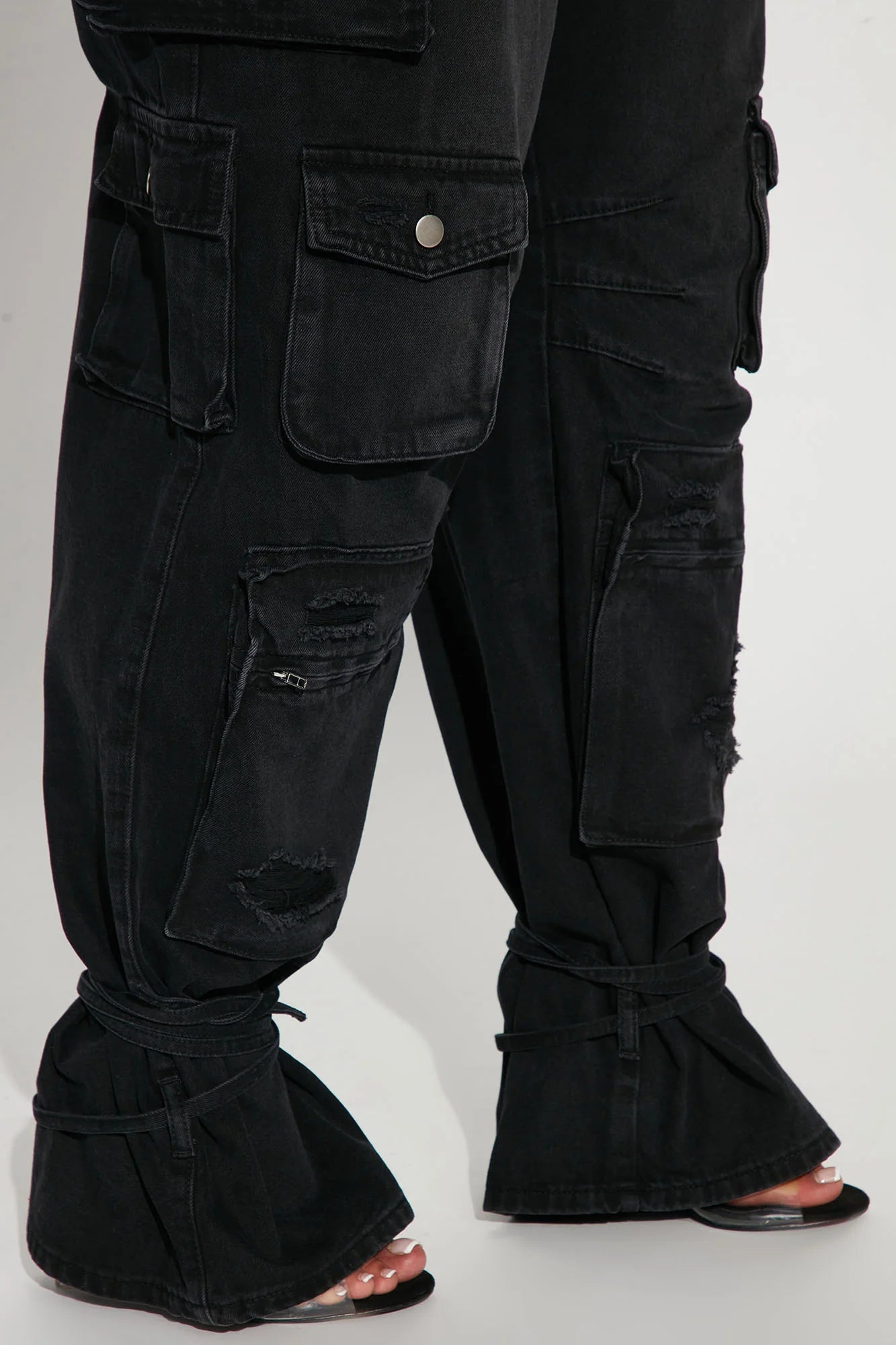 Billie Ripped Ankle Tie Cargo Jeans - Black